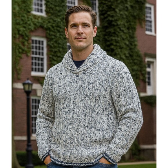 Grant Thomas Ragg Wool Sweater Mens Sz M VTG Black Chunky Shawl Collar Pullover - Picture 1 of 12